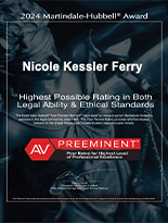 2024 Martindale-Hubbell Award | Nicole Kessler Furry | Highest Possible Rating in Both Legal Ability & Ethical Standards | The Martindale-Hubbell Peer Review Ratings have been an integral part of Martindale-Hubbell's services to the legal community since 1887. The peer Review Rating process which evaluates lawyers in the United States and Canada is solely based on peer review. | AV Preeminent | peer Rated for Highest Level of Professional Excellence